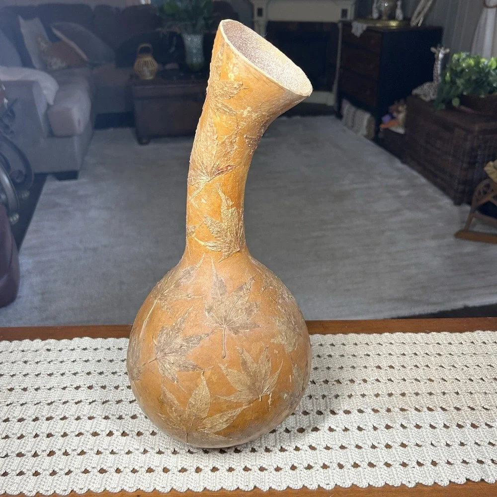 Leaf Embossed Folk Art Gourd Vase Tall Hawaiian ipu Fall Autumn Decor 16